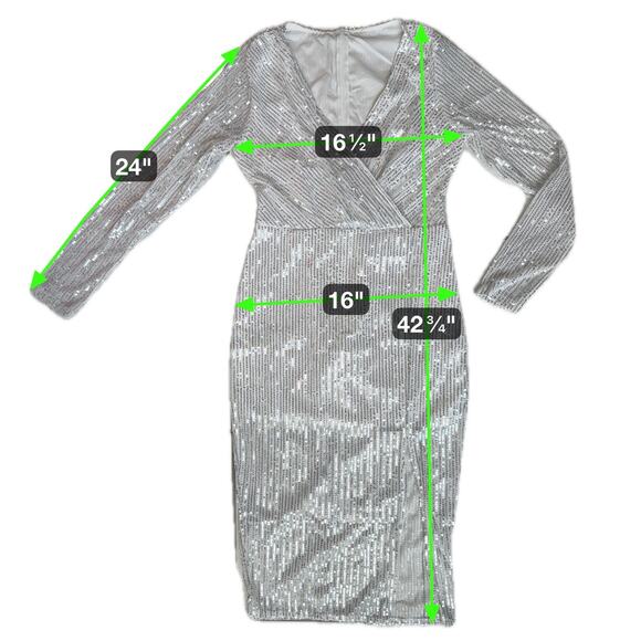 White Sequin Long Sleeve Dress Small V Neck Wrap Party Holiday Cocktail Glam - Picture 4 of 15
